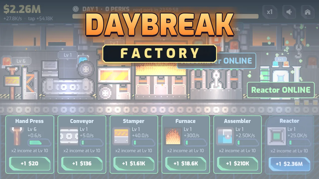 Daybreak Factory title card: the logo over the pixel-art factory hall, with the six machine shop cards along the bottom.