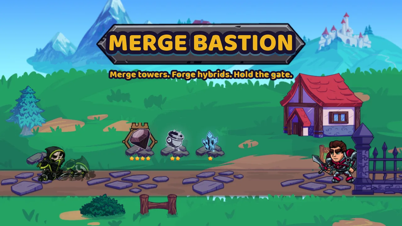 Merge Bastion title card: the logo on a stone ribbon over a green valley, three
                  element towers on stone plinths above the road, a hooded enemy at the far
                  left and the knight at the gate on the right