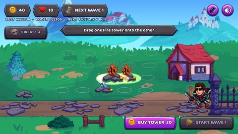 The first lesson: two Fire crystal towers glowing gold on neighbouring
                    plinths, a stone ribbon reading Drag one Fire tower onto the other, and
                    a greyed-out START WAVE 1 button