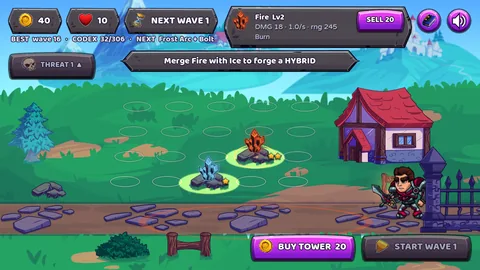 The merged Fire Lv2 tower selected, its info panel showing its damage, its
                    rate, its range and Burn, with the ribbon now asking for Fire merged with Ice