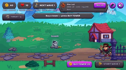 A single Steam tower with two star pips alone on the grid, its name
                    floating above it, under a ribbon reading Buy a tower, press BUY TOWER