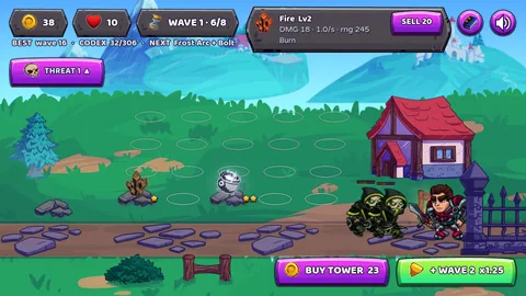 Wave 1 at 6 of 8 with gold back up to 38, and two skeletons stopped in
                    front of the knight at the right-hand end of the road