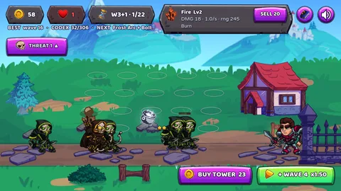 The wave pill reading W3+1 at 1 of 22 with a single heart left, archers
                    and hooded skeletons spread the length of the road, and the button still
                    offering to add WAVE 4
