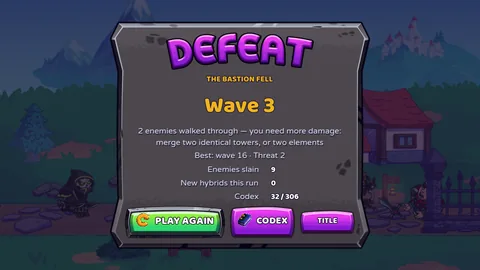 The DEFEAT panel over a dimmed board: THE BASTION FELL, Wave 3, a line
                    saying 2 enemies walked through and you need more damage, then counters
                    for enemies slain, new hybrids and codex progress