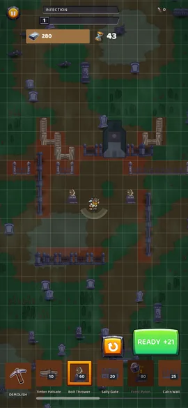The build phase in Hollow Graveyard: a green field on a grid with timber and
                    stone walls part-laid across it, two bolt throwers flanking the player, 280
                    Scrap in hand, 43 seconds left, and a tray of buildables along the bottom
                    priced from Timber Palisade at 10 to Frost Pylon at 80