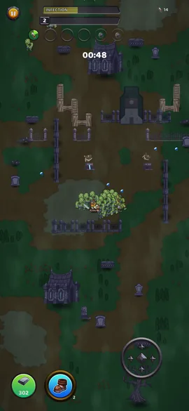 Wave 2 under way at night: a crowd of green zombies pressed against the
                    player inside a walled pocket, two turrets firing from behind the wall, 48
                    seconds on the clock and 302 Scrap in the corner