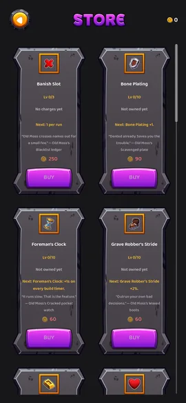 Old Moss's store: stone cards for Banish Slot, Bone Plating, Foreman's Clock
                    and Grave Robber's Stride, each with a level, a price in gold and a line of
                    Old Moss's own commentary, with a BUY button under it