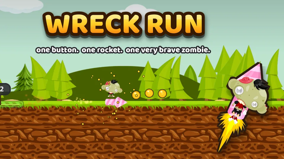 Wreck Run title card: the WRECK RUN logo over a green hillside track, with a grinning zombie riding a pink firework rocket in from the right