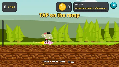 The rider on flat grass at 61 metres, the banner TAP on the ramp across the middle of the screen, the HUD reading 0 flips, 0 coins and HOWLER at 3000.