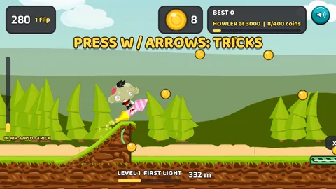 The rocket leaving a ramp lip at 332 metres, the banner PRESS W / ARROWS: TRICKS across the middle, 8 coins banked and a green landing pad on the far right.