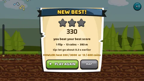 Result panel with a NEW BEST! ribbon, three stars, a score of 330, the line 1 flip, 13 coins, 393 m, and a tip reading let go about 0.3 s earlier.